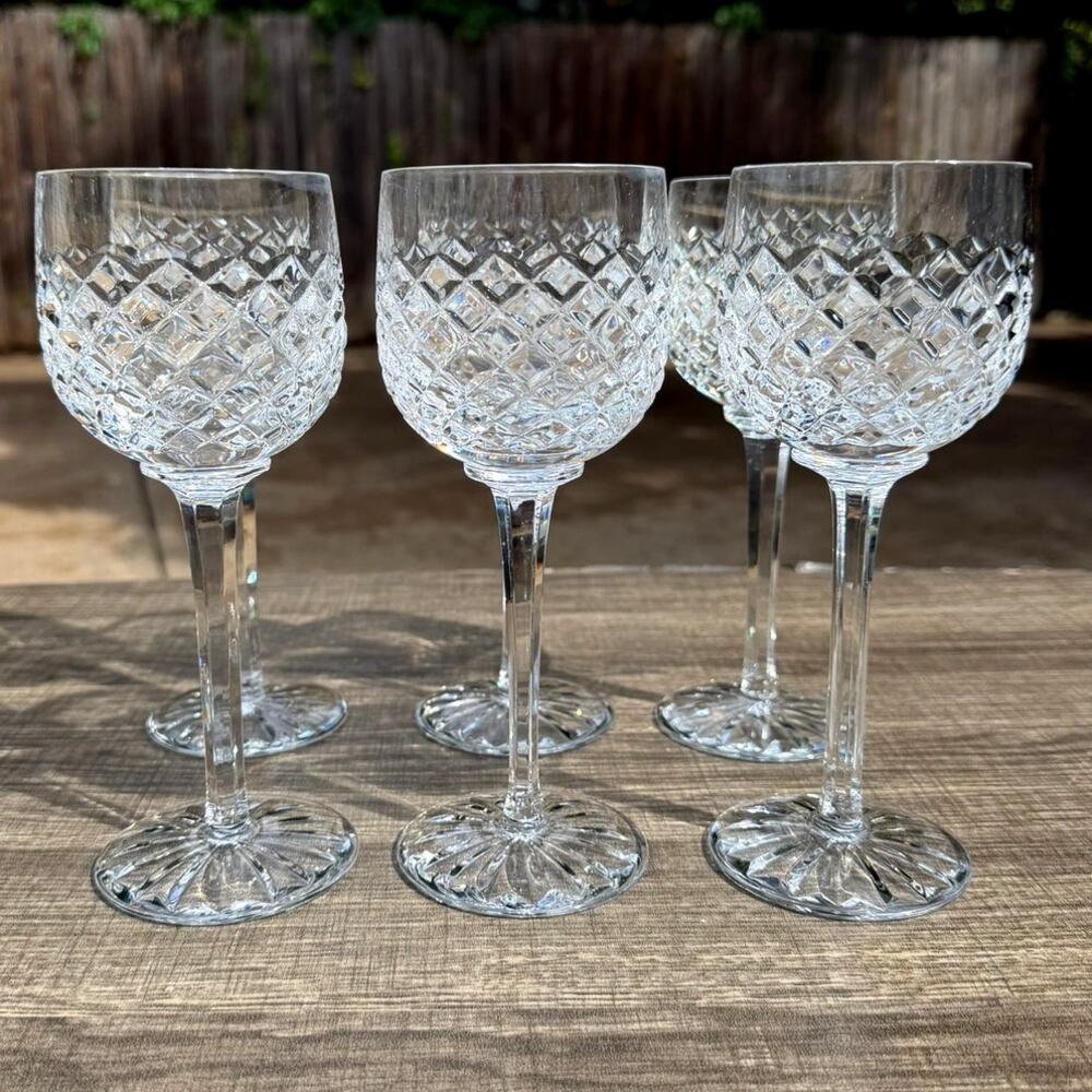 Crystal Vintage 7.25" Wine Hocks Diamond-Cut Pattern Faceted Stems-Set of 6